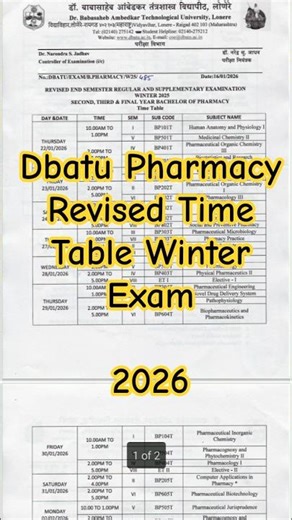 Dbatu Pharmacy Revised Time Table Winter Exam 2026