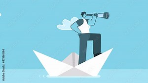 Cartoon man looking through a telescope of paper boat. Flat Design 2d Character Isolated Loop Animation with Alpha Channel