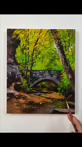 Beautiful "Bridge in Autumn" landscape painting 🌉🍁🍂🌳💧/Acrylic on paper 🖌️ #easy #beautiful #landscape #painting #acrylicpainting #acrylic #art #paper #autumn #bridge #forest #pond #rocks #peaceful #chill | Hamlet Shougrakpam Art