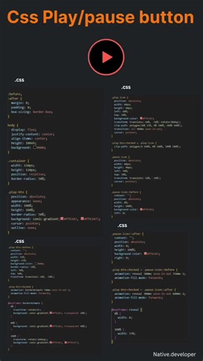 4.1K views · 46 reactions | CSS_PLAY/PAUSE BUTTON #javascript #html #programming #css #coding #java #python #developer #CS_SE #programmer #webdeveloper #webdevelopment #code #coder #php #webdesign #software #softwaredeveloper #computerscience #codinglife #reactjs #technology #frontend #development #programmers #js #softwareengineer #programmingmemes | Computer Science & Software Engineering | Facebook
