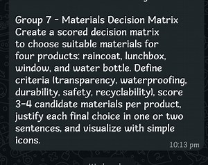 Create a scored decision matrix for choosing suitable materials... | Filo