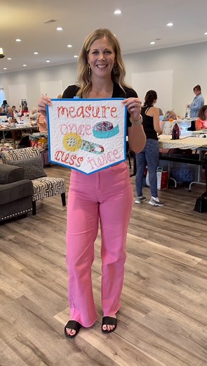 15K views · 230 reactions | Hey, it’s Misty from the Doan Girls Retreat! We’ve been having a ball this week, stitching and laughing and learning. But Monday is right around the corner which means soon, you’ll know exactly how to make this Measure Once, Cuss Twice wall hanging designed by Jemima Flendt at Tied with a Ribbon! Be sure to tune in this Monday. | Quilting Deals - Missouri Star Quilt Co | Facebook
