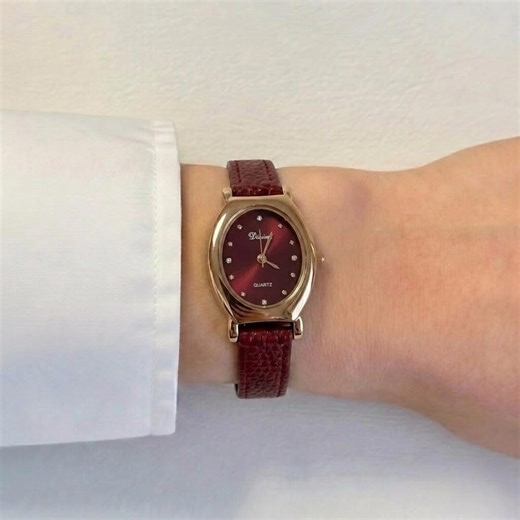 Luxury Rose Gold Rectangular Watch Women Burgundy Dial Crystal Accents Leather Band - Etsy