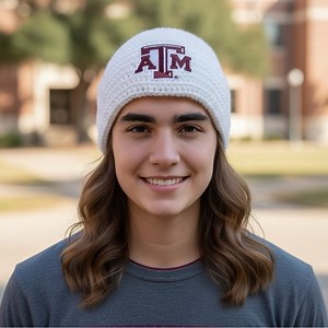 Texas A&M White Crocheted Beanie with A & M Logo Patch 9”W x 7 1/2” L Stretches