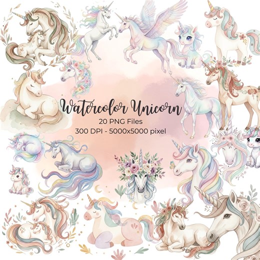 Watercolor Boho Unicorn Clipart Bundle, Cute Nursery Unicorn PNG, Pastel Kids Illustration, Baby Unicorn Clipart Set - Etsy