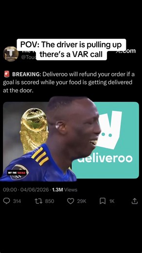 #deliveroo @Deliveroo going to have people dying for a VAR decision as the food pulls up😭 #worldcup #worldcup2026