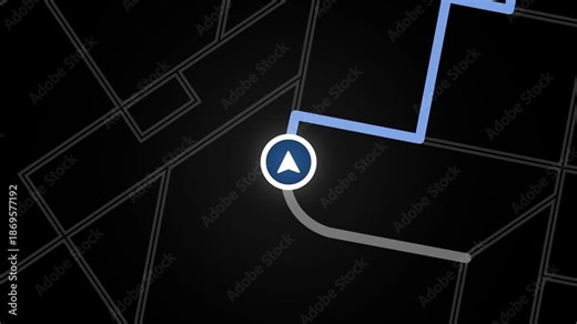 GPS navigation map route with arrow cursor moving towards destination. Driving car simulation screen interface animation. Maps scrolling under static directional pointer.