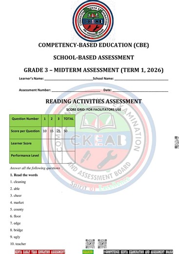 Grade 3 Mid Term 1 2026 Reading (English Language Activities) Exam