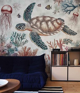 Tropical Sea Turtle Wallpaper | Underwater Coral Reef Mural - Etsy