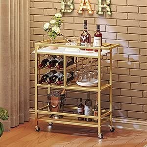 MAHANCRIS Bar Cart for Home, 3-Tier Serving Cart with Wheels and Handle, Beverage Cart with Wine Rack and Glass Holders, Rolling Wine Cart for Kitchen, Dining Room, Gold and White RCJM6101