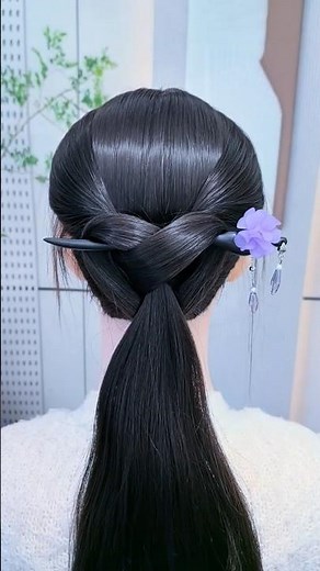 Elegant Hair Stick Hairstyle Tutorial 💜 | Easy Low Ponytail Bun Style for Long Hair 💫