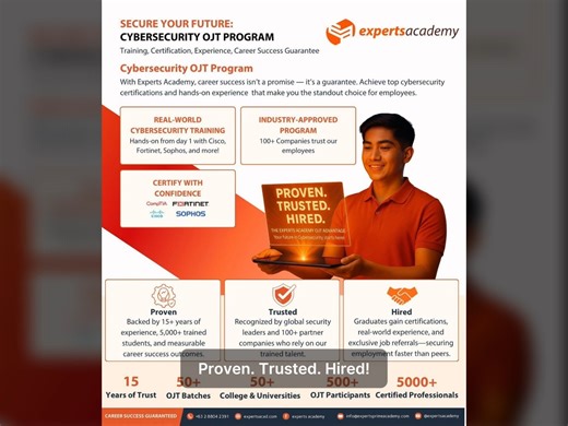 💪 Experts Academy Cybersecurity OJT Program: Proven. Trusted. Hired. Our OJT trainees didn’t just watch — they played, competed, and conquered. This is where theory meets action, and students transform into professionals ready for the real world. 🌍 🎬 Here’s a look back at the event highlights! Watch the energy, teamwork, and passion that defined the Capture the Flag (CTF) and AI Hackathon — a true showcase of skill, innovation, and future-ready talent. 🎥✨ 🎯 Mission: LearnPossible – Where Fu