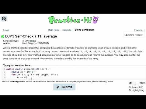 Java Practice It | Self-Check 7.11: average | arrays, syntax, array basics