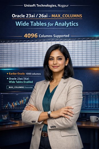 Unisoft Technologies - Software Training Institute on Instagram: "Analytics data is getting wider 📊➡️ From Oracle Database 23ai / 26ai, Oracle supports wide tables using the MAX_COLUMNS parameter. ❌ Earlier • Maximum 1000 columns • Forced table splits • Complex joins ✅ Now • Up to 4096 columns • Better support for denormalized analytics tables • Simpler reporting SQL Perfect for: • BI reporting tables • Feature-rich datasets • Flattened source data 📌 Save this if you work with analytics data �
