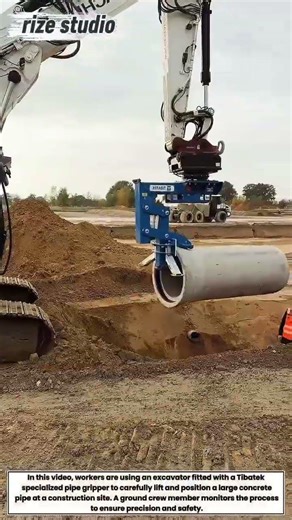Heavy Machinery at Work: Installing Large Concrete Pipes with a Specialized Gripper!