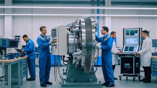engineers testing turbine rotor in laboratory environment with diagnostic consoles, calibration instruments, vibration sensors and data monitoring during prototype evaluation