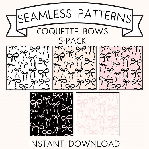Set of 5 Black Bows Seamless Pattern | Transparent & Colored Background Clipart Sublimation Coquette Bows | Lt Pink Bows PNG Digital Paper - Etsy