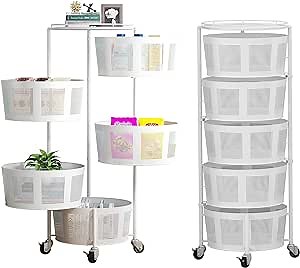 Kitchen Rotating Storage Rack Metal Multi-Layer Stackable Storage Basket Cart Floor-Standing Layered Shelf Fruit Vegetable Snack Storage Bin with Wheels for Kitchen, Bedroom, Bathroom (White, 5 Tier)