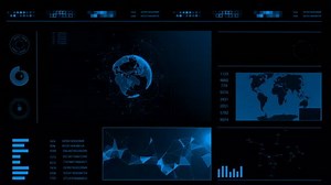 Future concept virtual touch user interface HUD with a world map, graphs, hologram and plexus. Interactive screen with illustrations