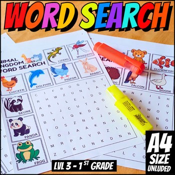 Animal Word Search Game for 1st Grade, Level 3 Worksheet Puzzle, US and A4 Size