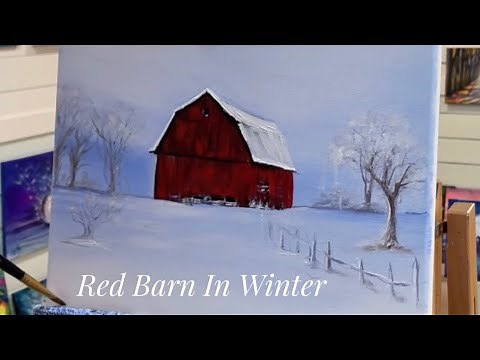 How To Paint RED BARN IN WINTER acrylic painting tutorial