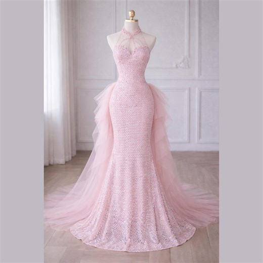 Blush Pink Mermaid Wedding Dress With Beaded Lace Appliqué, Strapless Ombre Bridal Gown, Tulle Long Train for Romantic Wedding - Etsy