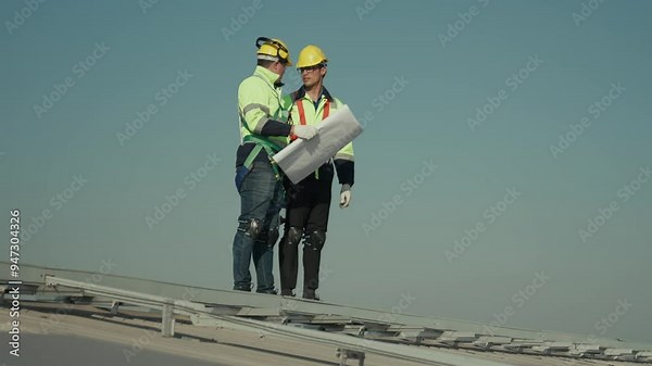Men technicians carrying photovoltaic solar modules on the factory roof. Engineers in helmets installing solar panel systems outdoors. Concept of alternative and renewable energy solar cell.
