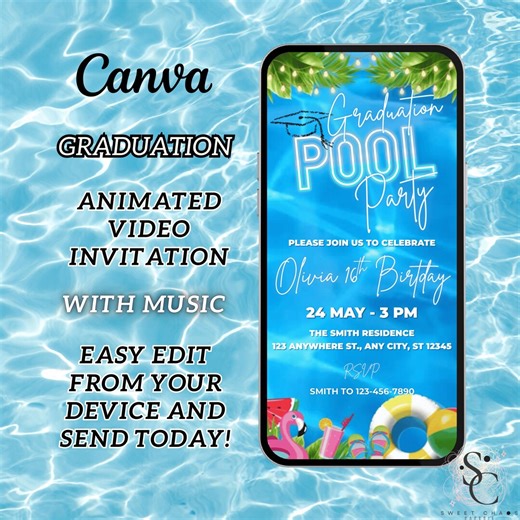 Graduation Pool Party Invitation, Blue Digital Class of 2026 Celebration E-invite, Editable College or High School Grad DIY Template - Etsy