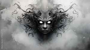 tribal mask portrayed in smoky tendrils abstract. mask shaped by smoke on white background. seamless looping overlay 4k virtual video animation background