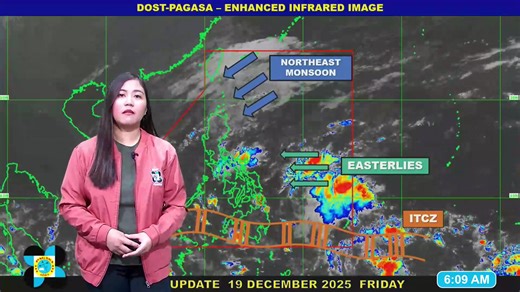 Public Weather Forecast issued at 5AM | December 19, 2025 - Friday DOST-PAGASA Weather Specialist: Loriedin De La Cruz - Galica #weatherreport #dostpagasa PAGASA Weather Report (Subscribe for more weather updates) Facebook Page (Like): / pagasa.dost.gov.ph Twitter (Follow): / dost_pagasa Website (Visit): http://bagong.pagasa.dost.gov.ph Customer Satisfaction Survey (Feedback): https://shorturl.at/Do3VX | DOST-PAGASA