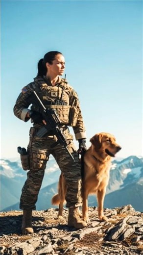 Beautiful woman army with K9 on the mountain