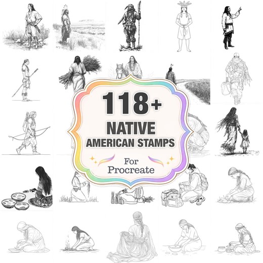 118  Native American Scene Stamps, Tribal Heritage Brushes, PNG Included Instant Download - Etsy