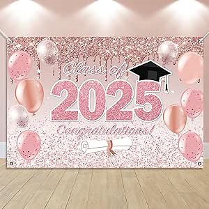 Pink Graduation Decorations Class of 2026, Pink Rose Gold Graduation Backdrop, Class of 2026 Banner Supplies for Pink Graduation Photo Booth Props