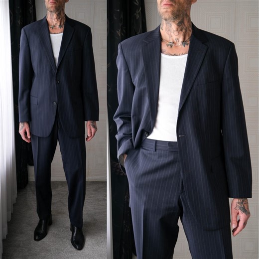 Vintage 90s HUGO BOSS Midnight & Cerulean Wool Gabardine Pencil Stripe Two Button Suit | Made in USA | Size 44L | 1990s Designer Mens Suit - Etsy