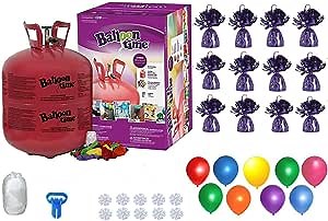 BLUE RIBBON Helium Tank with 50 Balloons and White Ribbon + 12 Purple Weights + Plus Tying Tool