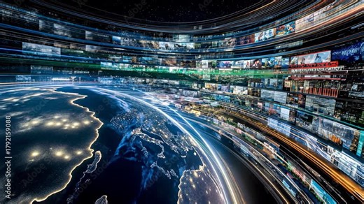 Planetary tunnel of screens and light streaks rushes forward, creating dynamic broadcast universe for OTT, metaverse and hyper-media storytelling concepts.