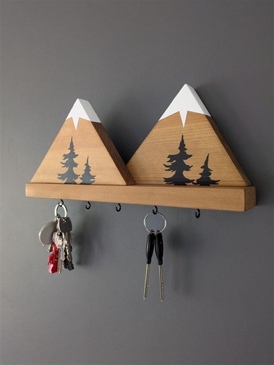 Wooden Mountain Key Holder | Handcrafted Wall Key Hanger Rack With Mountains | Rustic Minimal - Etsy