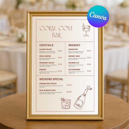 Bar Menu Template | Editable Drink & Cocktail Menu Sign | Wedding Bar Menu, Price List Template, Wedding Drink Menu, Signature Drinks - Etsy