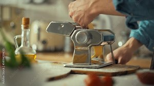 The process of making fresh pasta unfolds in a cozy kitchen, with a person using a manual pasta machine to roll out dough. This culinary activity highlights the art of homemade cooking