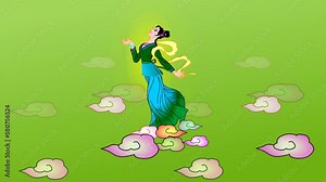 cartoon angel lady flying effect, clouds, 2d animation background and 4k resolution