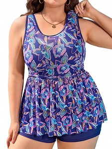 Asoul Plus Size Swimsuit Sets Ruched Tankini Swimdress Flowy 2 Piece Tummy Control Bathing Suits with Shorts