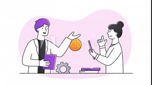 Scientific research in laboratory video concept. Moving man and woman chemists and biotechnologists conduct experiments and examine molecules or atoms. Flat graphic animated cartoon in doodle style Stock Video