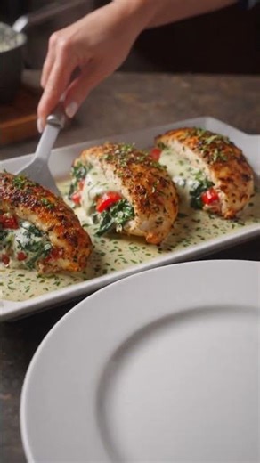 Roasted Red Pepper, Spinach, and Mozzarella Stuffed Chicken #foodreels #youtubeshorts #foodreels