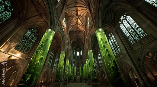 Futuristic sci-fi laboratory inside gothic cathedral with green glowing cloning tanks as columns