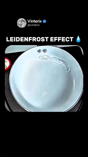 VINTERIX🇺🇸 on Instagram: "When a drop of water hits a pan far hotter than boiling, it doesn’t evaporate instantly. Instead, it skates across the surface like it’s floating. The extreme heat creates a thin steam layer beneath the droplet, lifting it off the surface. That cushion slows evaporation and lets the droplet glide and dance unpredictably. It’s not just a kitchen trick — it’s fluid dynamics, heat transfer, and vapor lift in action. An everyday droplet becomes a miniature science experim