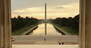 Washington DC Monument and the US Capitol Building across the reflecting pool from the Lincoln Memorial on The National Mall USA