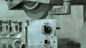 Cylinder head and block resurfacing slider shoot. Engine block repair process on the grinding machine