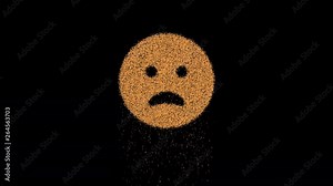 Symbol frown open appears from crumbling sand. Then crumbles down. Alpha channel Premultiplied - Matted with color black