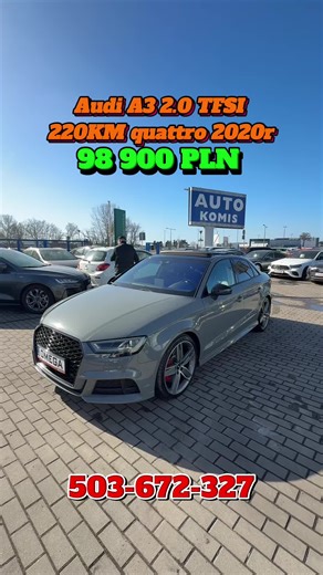 Audi A3 Cena: 98 900 PLN Rok produkcji: 2020 Przebieg: 98 000 km Pojemność skokowa: 1 984 cm3 Rodzaj paliwa: Benzyna Moc: 220 KM Skrzynia biegów: Automatyczna Napęd: 4X4 Oferujemy Państwu Audi A3 Limousine w wersji TFSI Quattro S tronic S-Line z 2020 roku. Samochód sprowadzony, dynamiczny silnik benzynowy o mocy 220 KM i pojemności 1984 cm³, napęd na cztery koła oraz automatyczna skrzynia biegów zapewniają komfort i bezpieczeństwo jazdy. Przebieg 98 558 km. Kolor szary, tapicerka skóra, 4 drzwi,
