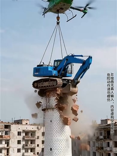 Excavator Helicopter Demolition of Massive Building